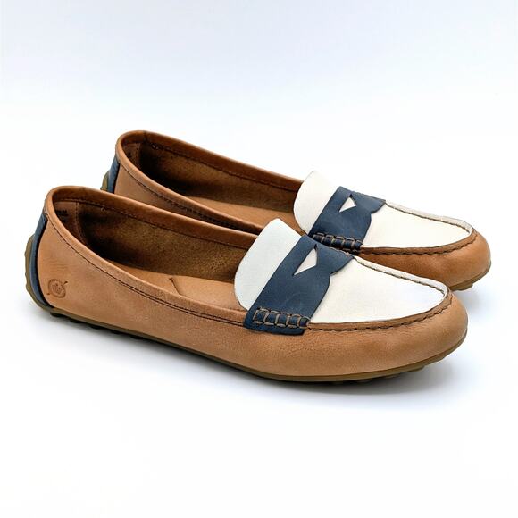 Born Malena Leather Driving Loafers Womens 7.5 Tan White Blue Chic Coastal Prep - Picture 4 of 10